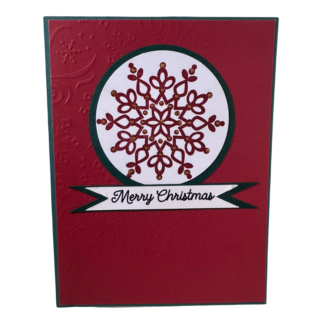 Merry Christmas with Red Snowflake on Red Background with Green Trim Card