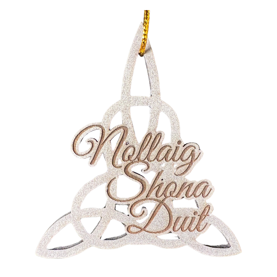 Nollaig Shona Duit Silver Trinity Knot Wooden Ornament