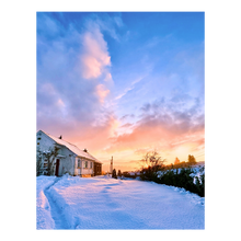 Load image into Gallery viewer, Sunset at a Snowy Cottage Christmas Protrait Card
