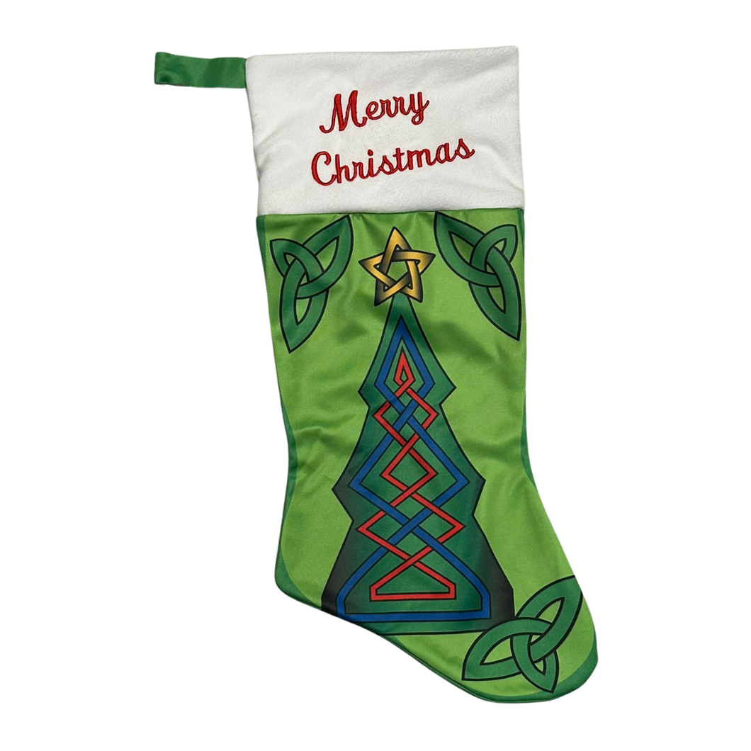 Merry Christmas with Celtic Tree with Blue & Red Knots Green Christmas Stocking