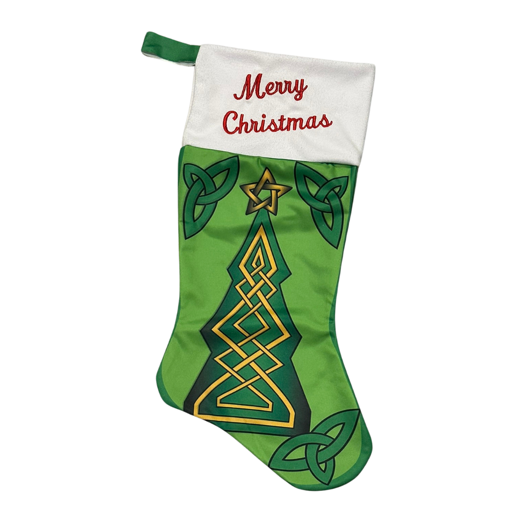 Merry Christmas with Celtic Tree Green Christmas Stocking